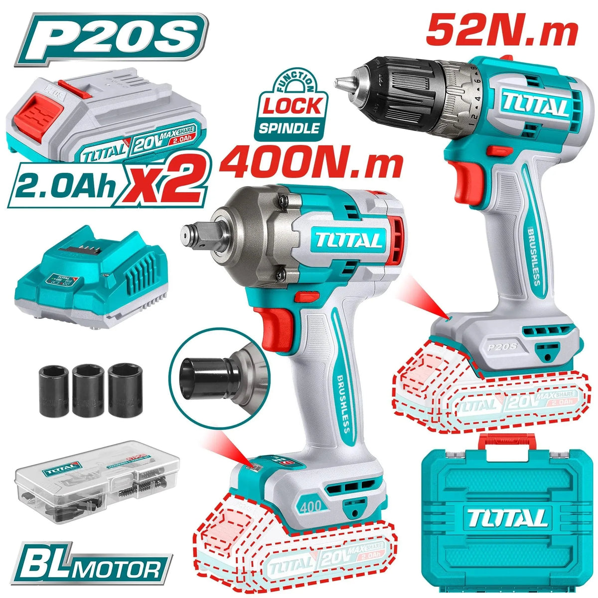 Pack 2-en-1 TOTAL TCKLI20271 20V Brushless Perceuse TDLI204531 52Nm + Clé Chocs TIWLI2040 400Nm 550Nm 2×2Ah Étui — SQES Tunisie
