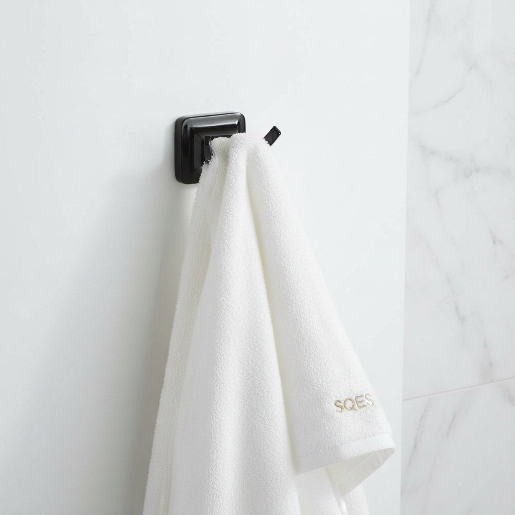 Patère double noir mat avec peignoir et serviette SQES