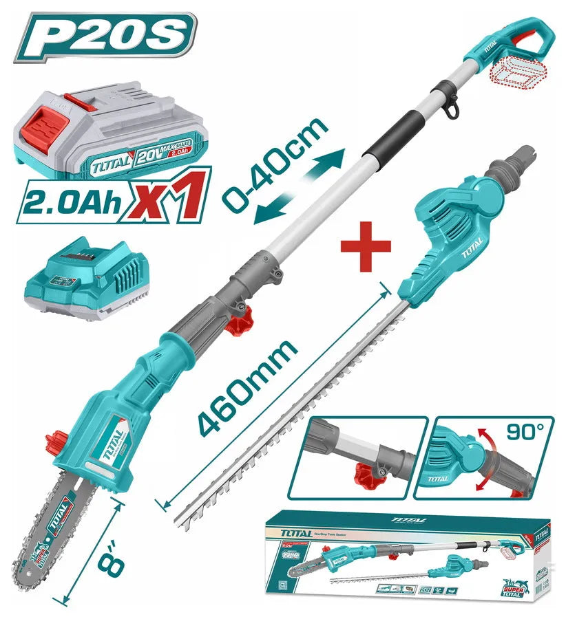 Perche Télescopique 2-en-1 TOTAL TPTS201681 20V Taille-Haie 460mm Élégueur 200mm Tête 90° — SQES Tunisie
