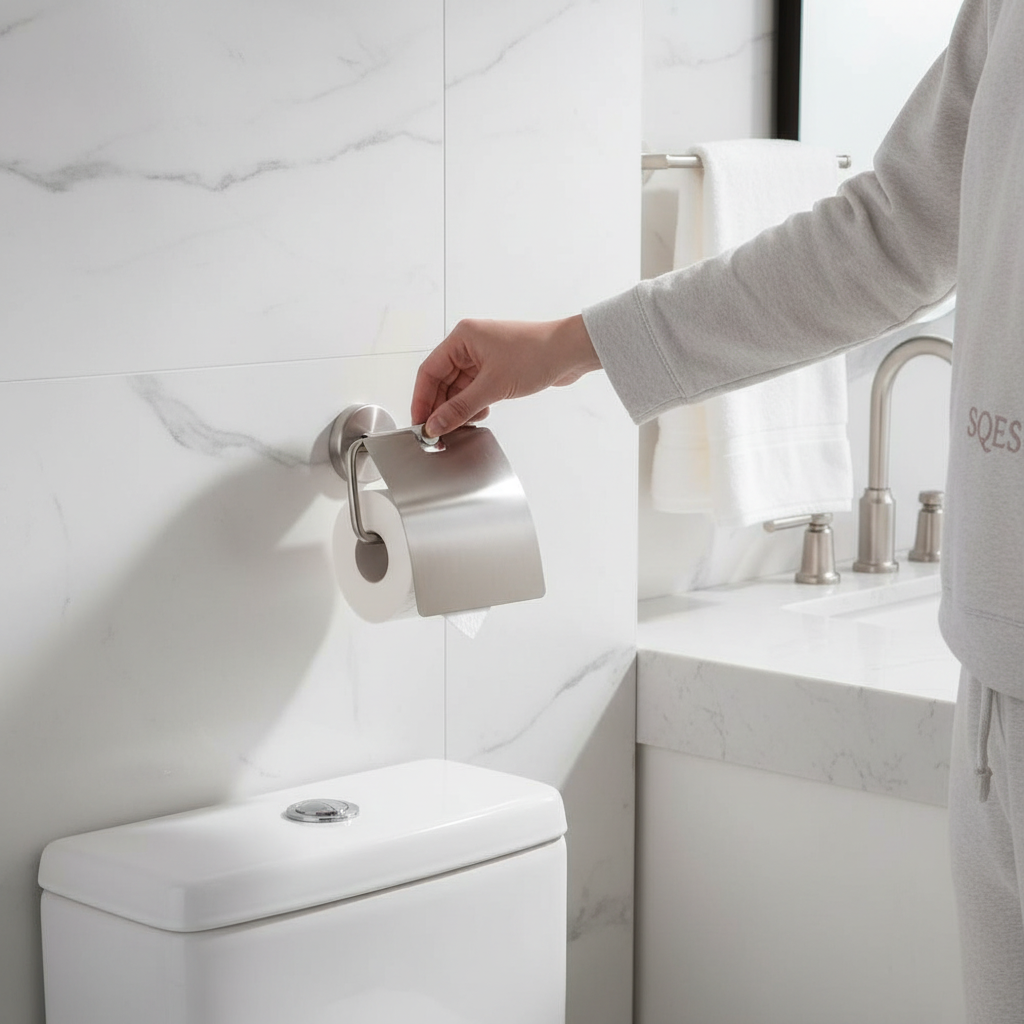 Personne ouvrant le couvercle du porte papier inox