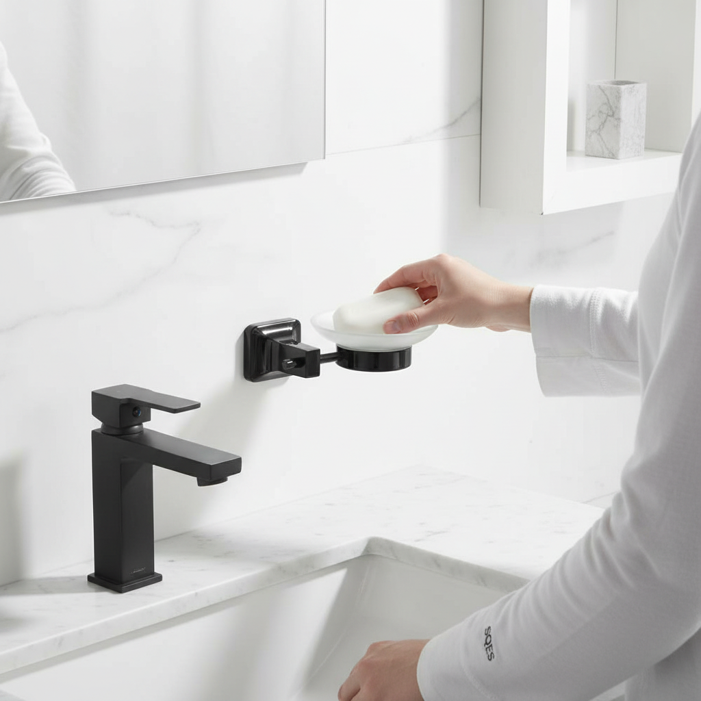 Personne plaçant un savon dans le porte savon noir
