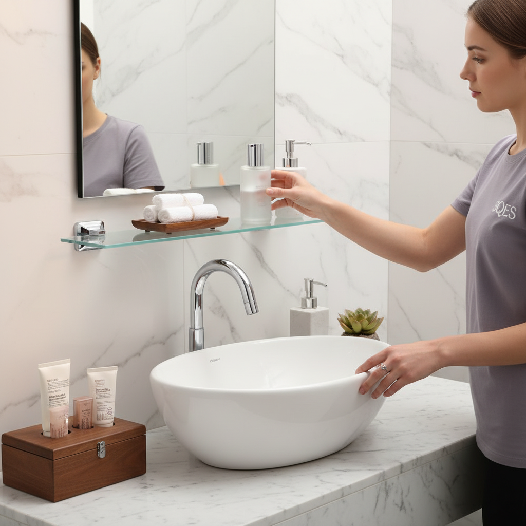 Personne utilisant l'étagère en verre au-dessus du lavabo