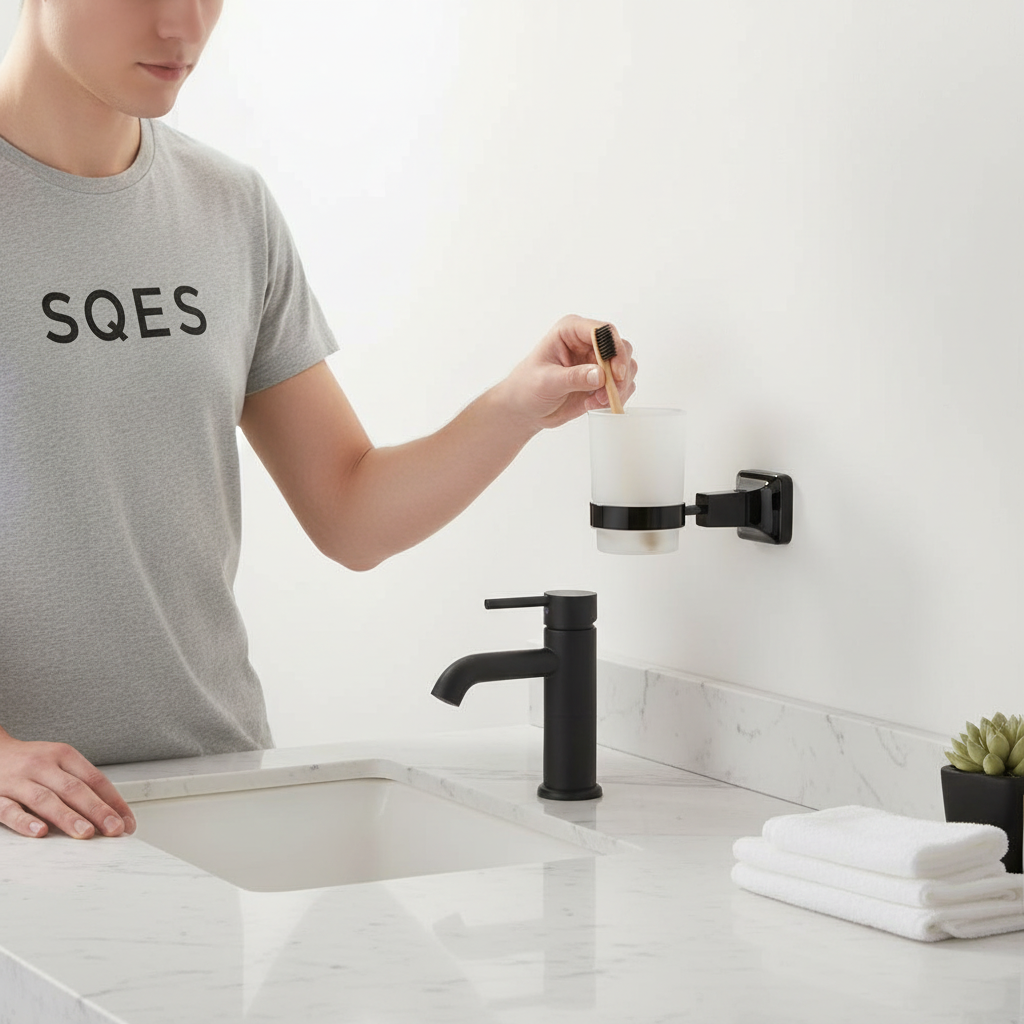 Personne utilisant le porte brosses à dents noir