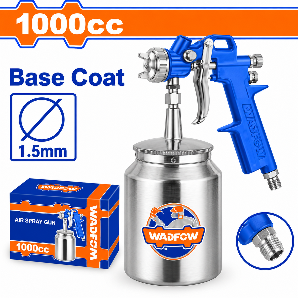 Pistolet à peinture pneumatique WADFOW WGA1510, buse standard 1,5 mm, godet 1 L, jet 180–250 mm et pression 3–4 bar pour couches de base compatibles | SQES Tunisie
