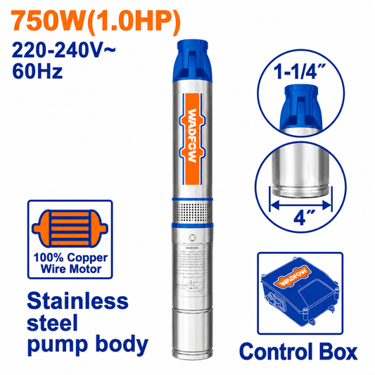 Pompe immergée WADFOW WWPD6051 1500 W / 2 HP avec coffret, corps 4 pouces et sortie 1-1/4 pouce. Pour puisage et irrigation, chez SQES Tunisie.