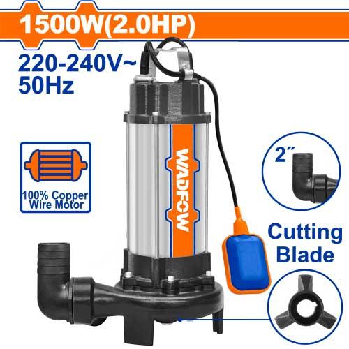 Pompe vide-cave submersible inox WADFOW WWPWA05 1500 W / 2 HP avec lame de coupe, sortie 2 pouces, débit maximal 350 L/min et HMT maximale 14,5 m, pour évacuation d’eaux sales compatibles | SQES Tunisie
