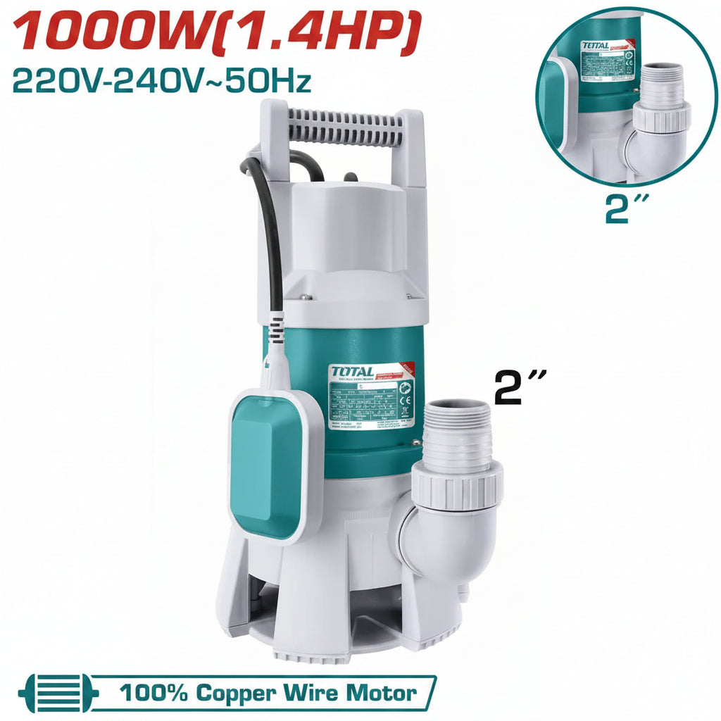 Pompe vide-cave TOTAL TWP810001 1000W – eau chargée, 216,7L/min, hauteur 9m, immersion 7m, tuyau 2", câble 10m, chantier agricole industriel

