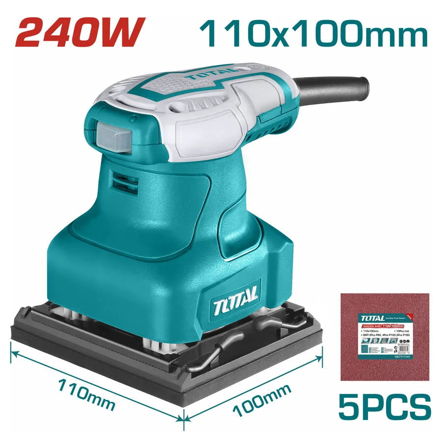 Ponceuse orbitale TOTAL TF2231106 240W – 14000tr/min, base 110x100mm, 5 feuilles abrasives TAC74914112 incluses, peinture bois finition
