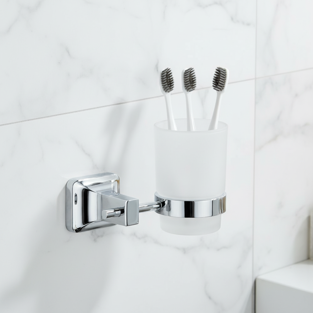 Porte brosses à dents chrome avec gobelet verre dépoli