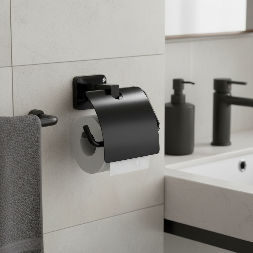Porte papier UNO noir avec couvercle montrant le rouleau