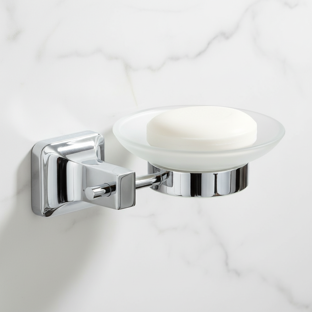Porte savon chrome avec coupelle ronde verre dépoli