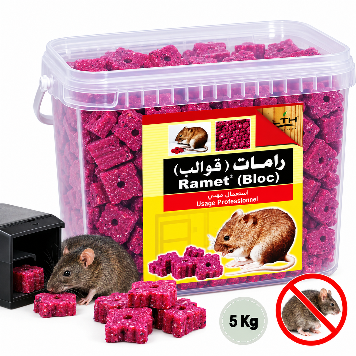 Seau transparent de RAMET Bloc LTH de 5 kg contenant des blocs raticides roses, avec illustration d’un rat