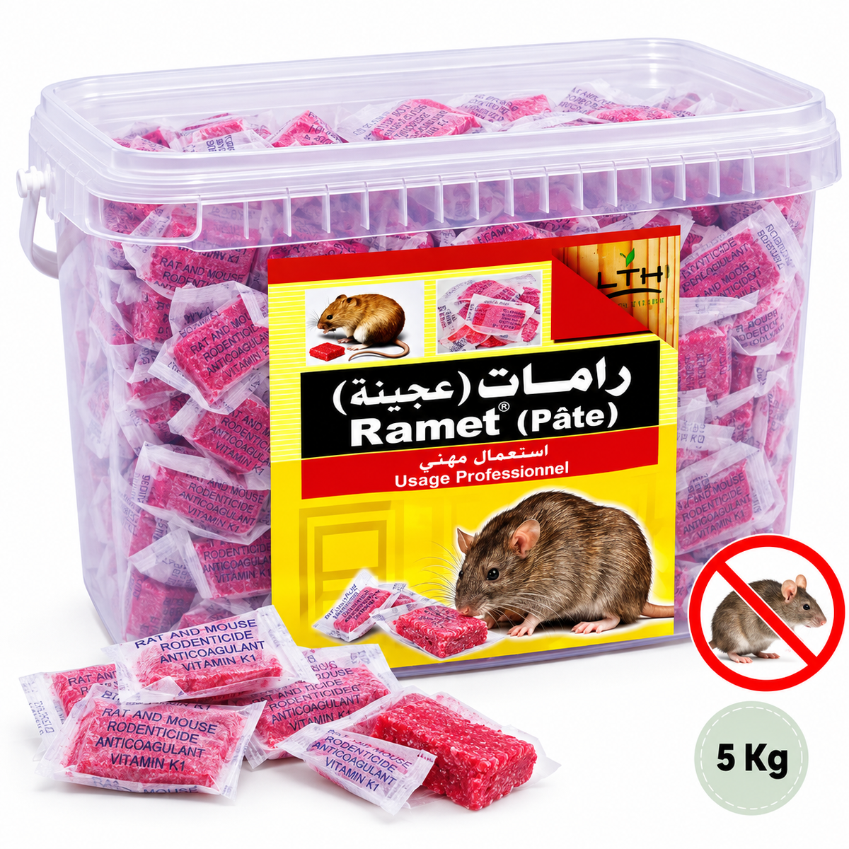 Seau transparent de RAMET Pâte LTH de 5 kg contenant des sachets de pâte raticide rose, avec illustration d’un rat