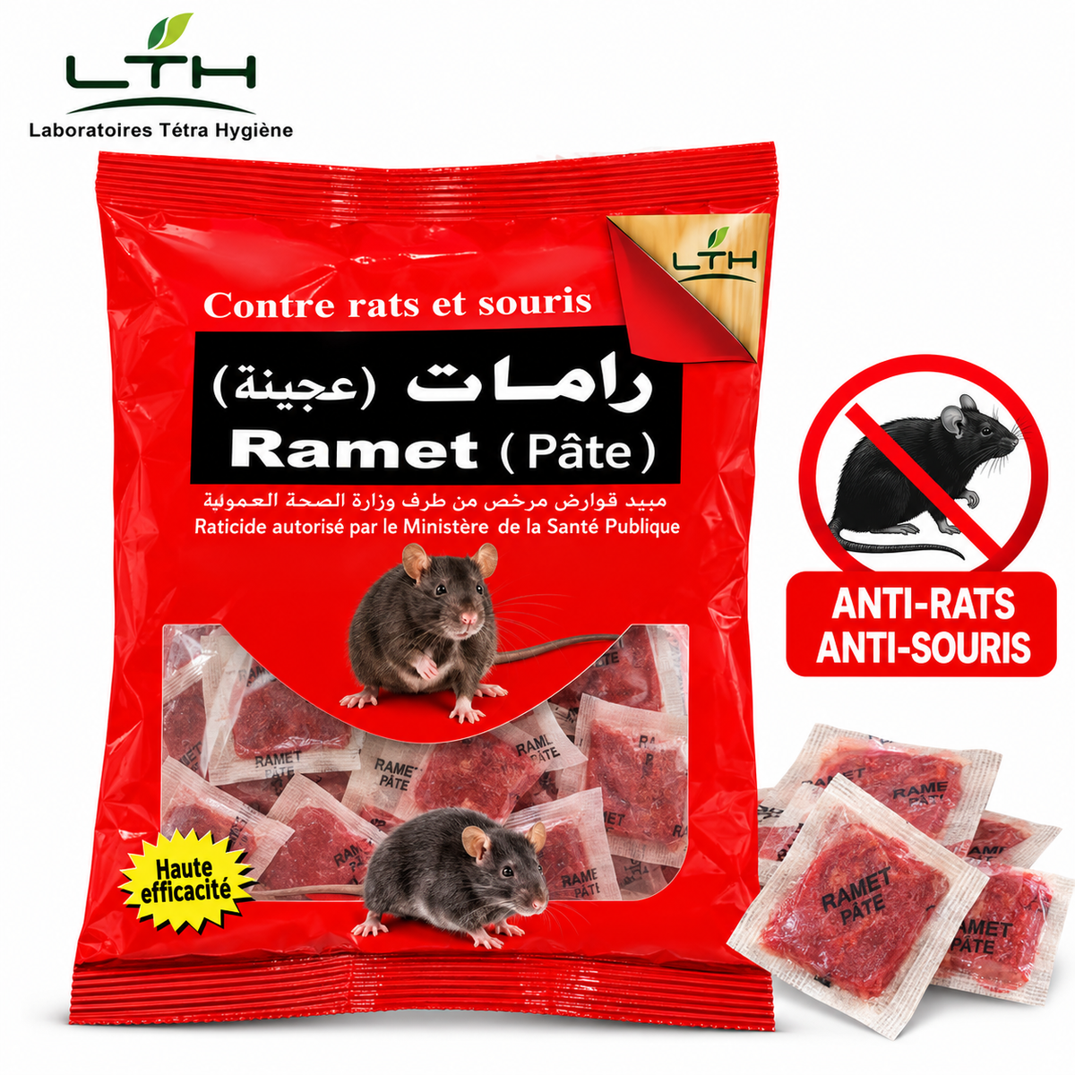 Sachet rouge de raticide RAMET Pâte LTH de 100 g avec appâts roses en sachets individuels et illustrations de rat et de souris