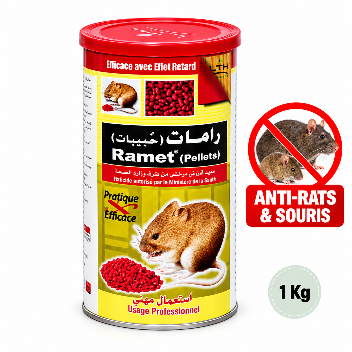 Boîte cylindrique de RAMET Pellets LTH de 1 kg à couvercle rouge, raticide en granulés pour rats et souris