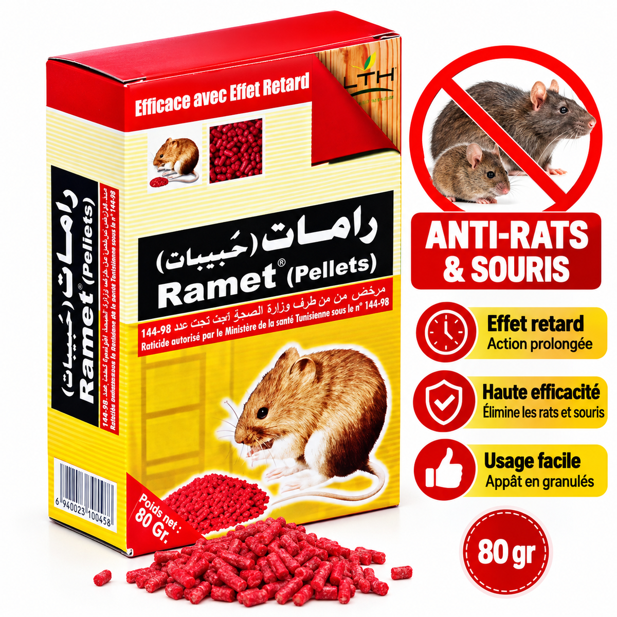 Boîte de RAMET Pellets LTH de 80 g avec granulés raticides rouges et illustrations de rats et souris