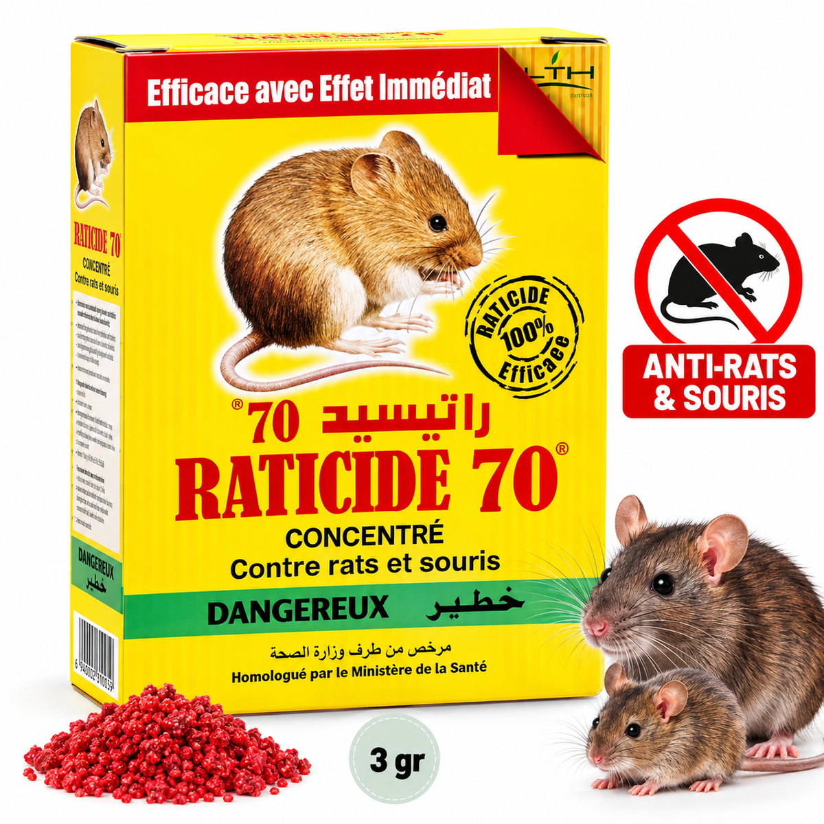 Étui jaune de Raticide 70 LTH concentré de 3 g contre les rats et souris