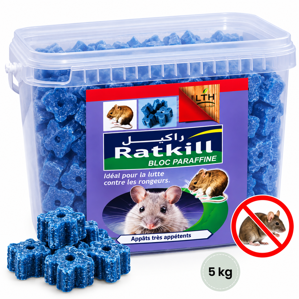 Seau transparent de RATKILL Bloc LTH de 5 kg contenant des blocs raticides bleus en paraffine, avec illustrations de rongeurs