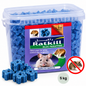 Seau transparent de RATKILL Bloc LTH de 5 kg contenant des blocs raticides bleus en paraffine, avec illustrations de rongeurs