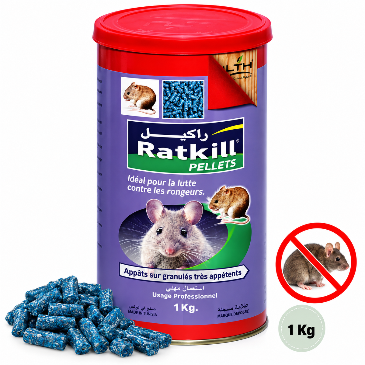 Boîte de RATKILL Pellets LTH de 1 kg à couvercle rouge, avec granulés raticides bleus et illustrations de rongeurs