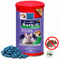 Boîte de RATKILL Pellets LTH de 1 kg à couvercle rouge, avec granulés raticides bleus et illustrations de rongeurs