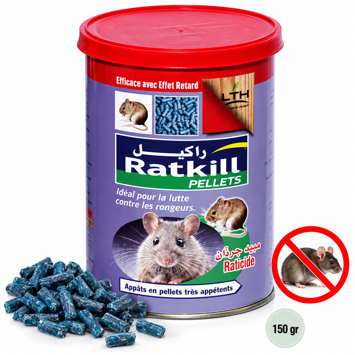 Boîte de RATKILL Pellets LTH de 150 g à couvercle rouge, avec granulés raticides bleus et illustrations de rongeurs