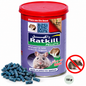 Boîte de RATKILL Pellets LTH de 150 g à couvercle rouge, avec granulés raticides bleus et illustrations de rongeurs