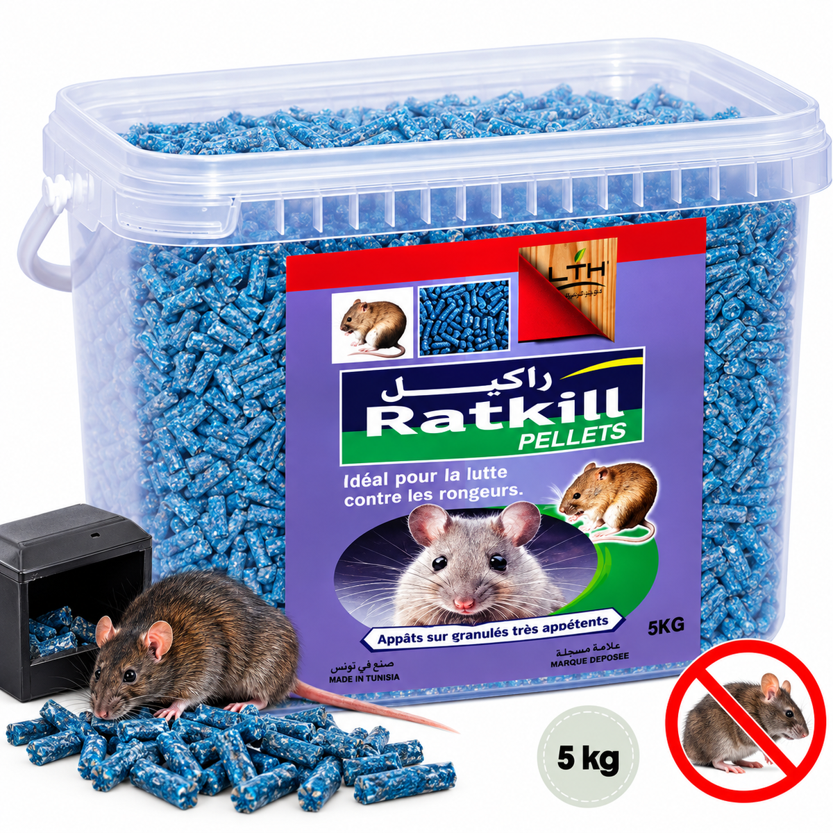 Seau transparent de RATKILL Pellets LTH de 5 kg contenant des granulés raticides bleus, avec illustration d’un rat