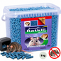 Seau transparent de RATKILL Pellets LTH de 5 kg contenant des granulés raticides bleus, avec illustration d’un rat