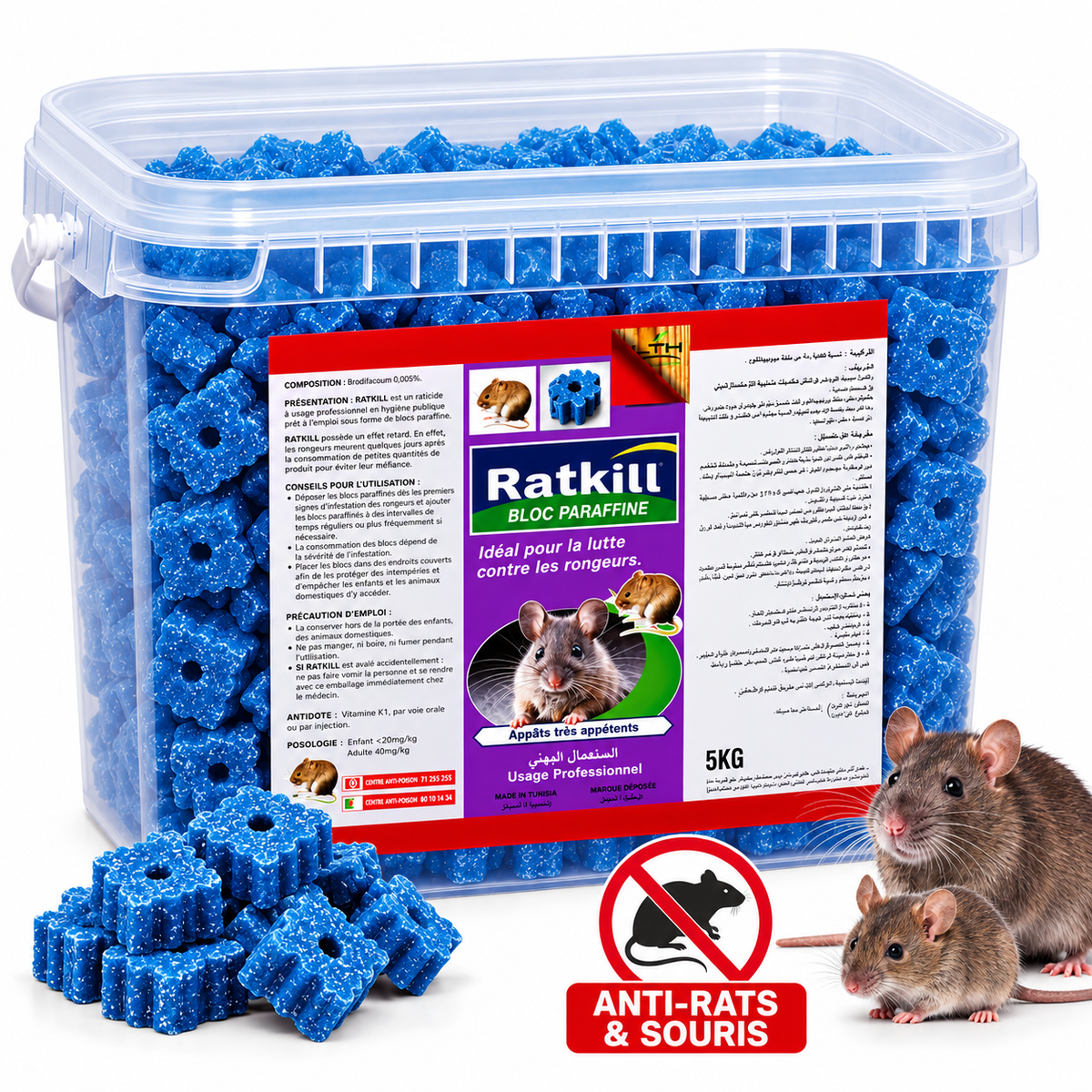 Seau de 5 kg de raticide Ratkill en blocs de paraffine bleus pour rats et souris