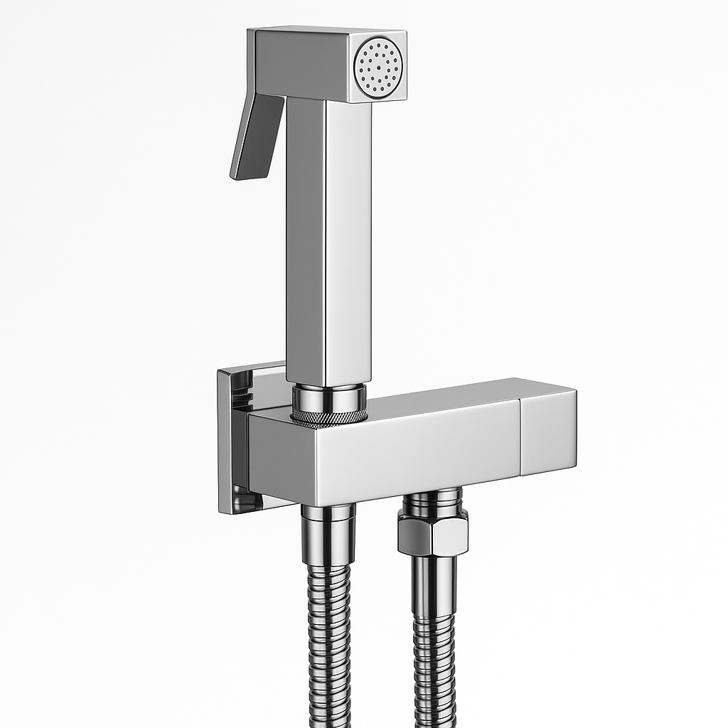 Robinet toilette + shattaf carré chrome FRAMO réf 8501C – design géométrique lignes épurées, cartouche céramique, fabrication italienne premium
