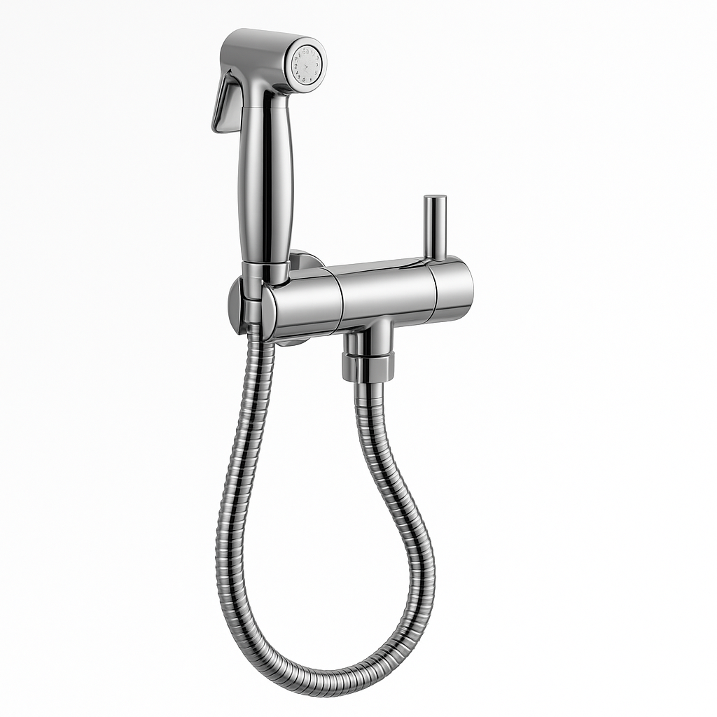 Robinet toilette + shattaf rond FRAMO 8500 C chrome poli – design classique intemporel, cartouche céramique, fabrication italienne premium
