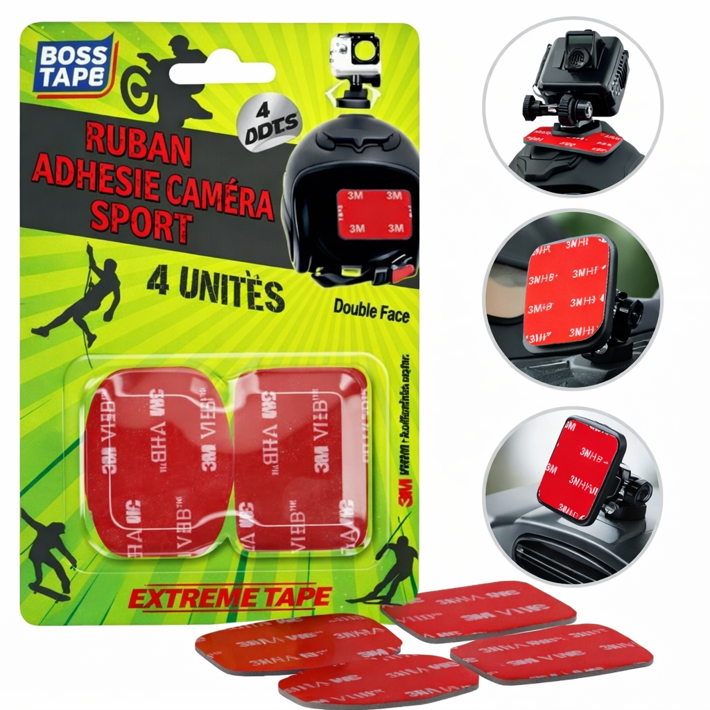 Ruban adhésif double face caméra action Boss Tape 4 pièces 45mm x 35mm – fixation GoPro, casques, vélos et sports extrêmes
