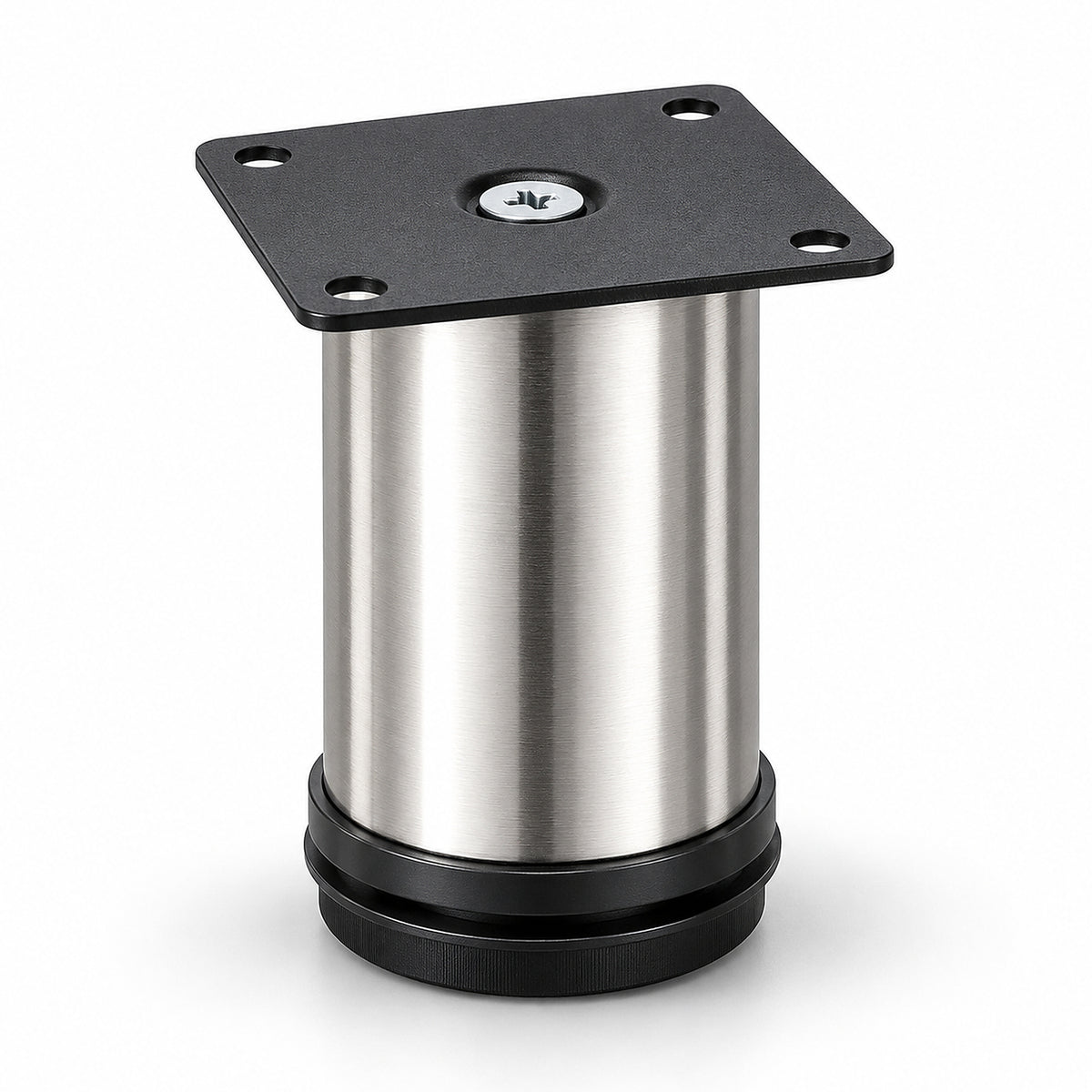 Sabot de meuble rond réglable Ø50 × 100 mm, platine supérieure carrée noire et patin réglable – visuel illustratif