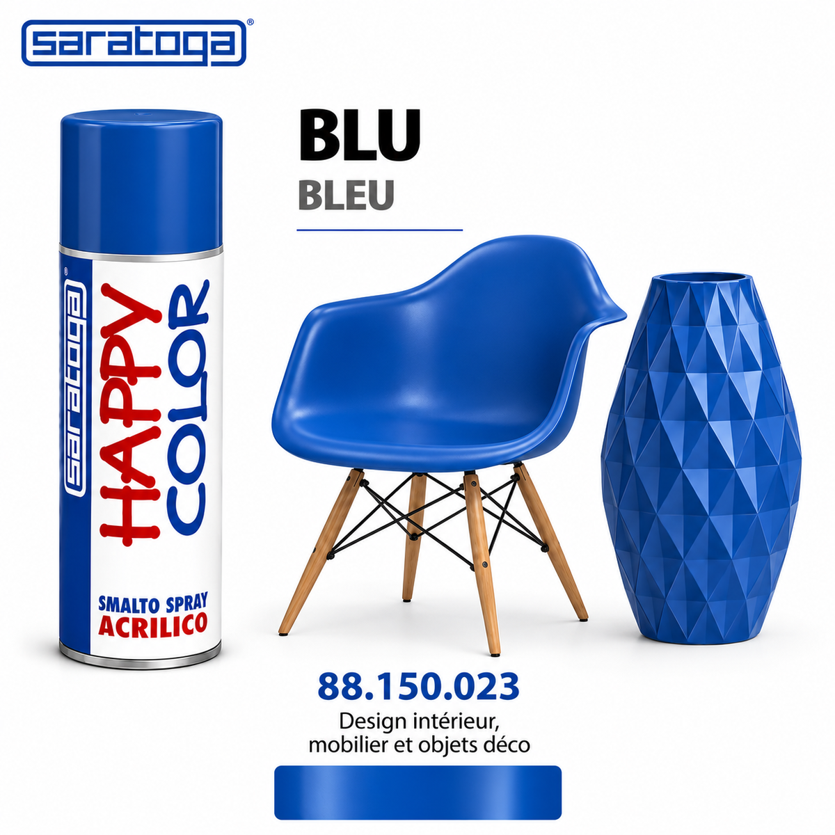 Spray peinture SARATOGA Happy Color bleu 400 ml, référence 150.023 et rendu de couleur – illustration