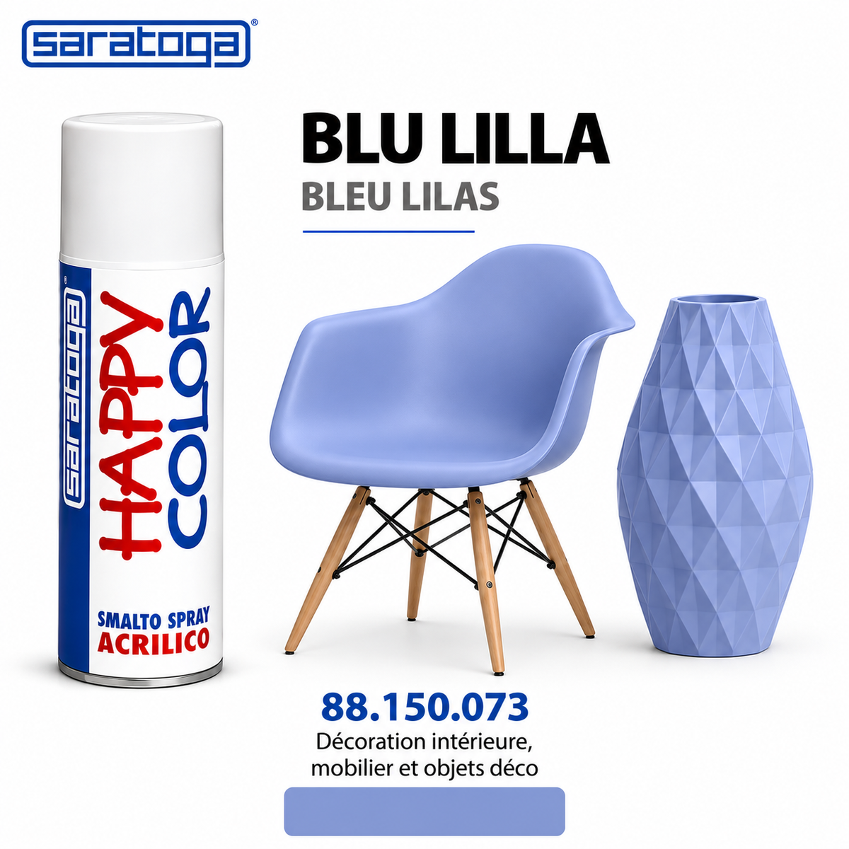 Spray peinture SARATOGA Happy Color bleu lilas 400 ml, référence 150.073 et rendu de couleur – illustration