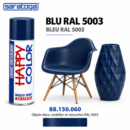 Spray peinture SARATOGA Happy Color bleu ral 5003 400 ml, référence 150.060 et rendu de couleur – illustration