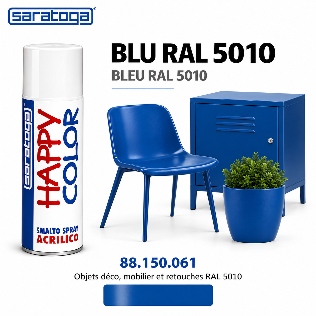 Spray peinture SARATOGA Happy Color bleu ral 5010 400 ml, référence 150.061 et rendu de couleur – illustration
