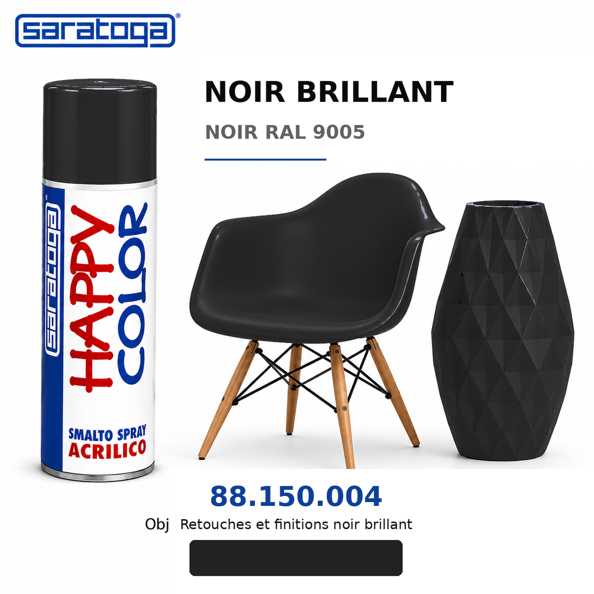 Spray SARATOGA Happy Color noir brillant 400 ml, référence 150.004, échantillon de couleur et mise en situation – illustration