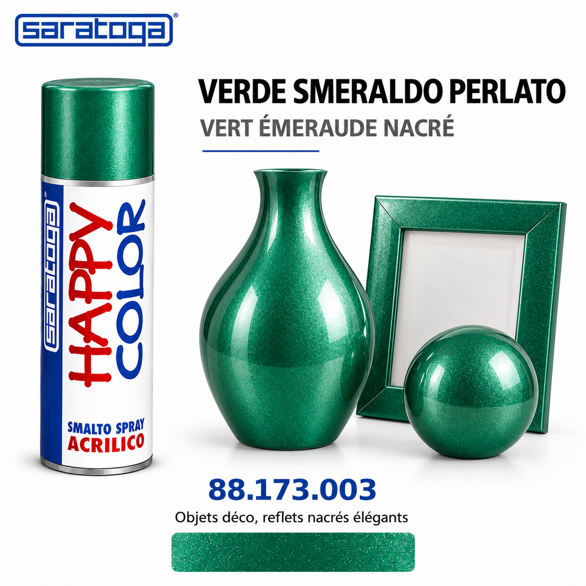 Spray SARATOGA Happy Color vert émeraude nacré Perlato 400 ml référence 173.003, effet sur objets décoratifs – visuel illustratif