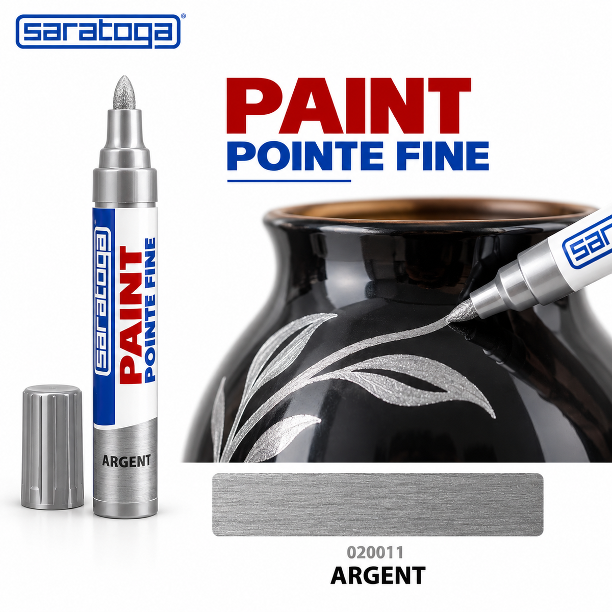 Marqueur peinture SARATOGA Paint Argent pointe fine, décoration argentée sur vase noir — visuel illustratif