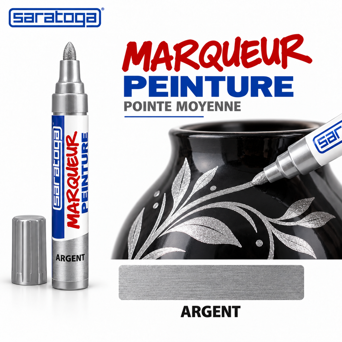 Marqueur peinture SARATOGA Paint Argent pointe moyenne, dessin argenté sur vase noir et échantillon de couleur — illustration