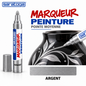 Marqueur peinture SARATOGA Paint Argent pointe moyenne, dessin argenté sur vase noir et échantillon de couleur — illustration
