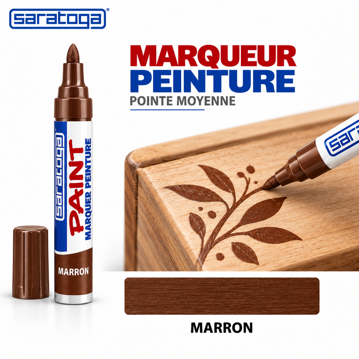 Marqueur peinture SARATOGA Paint Marron pointe moyenne, dessin marron sur bois et échantillon de couleur — illustration