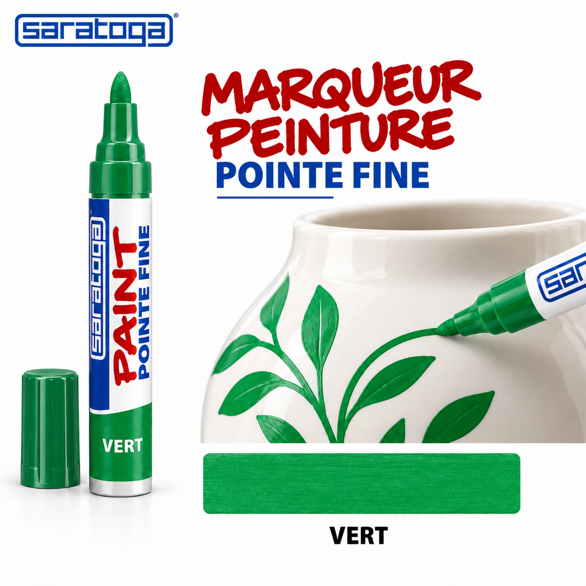 Marqueur peinture SARATOGA Paint Vert pointe fine, tracés verts sur céramique blanche et nuancier — illustration