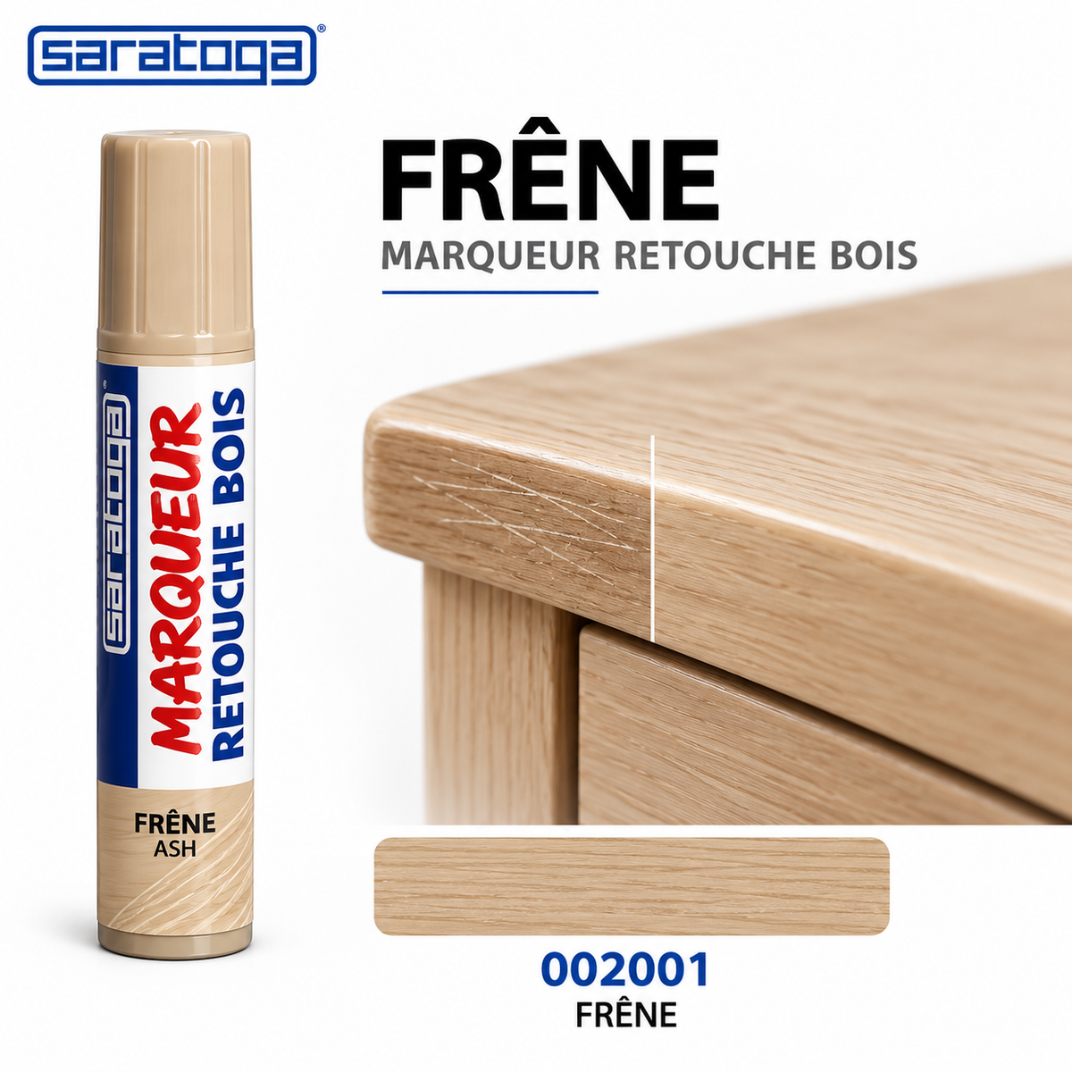 Marqueur retouche bois SARATOGA Frêne réf. 002001, retouches de rayures sur bois clair — visuel illustratif