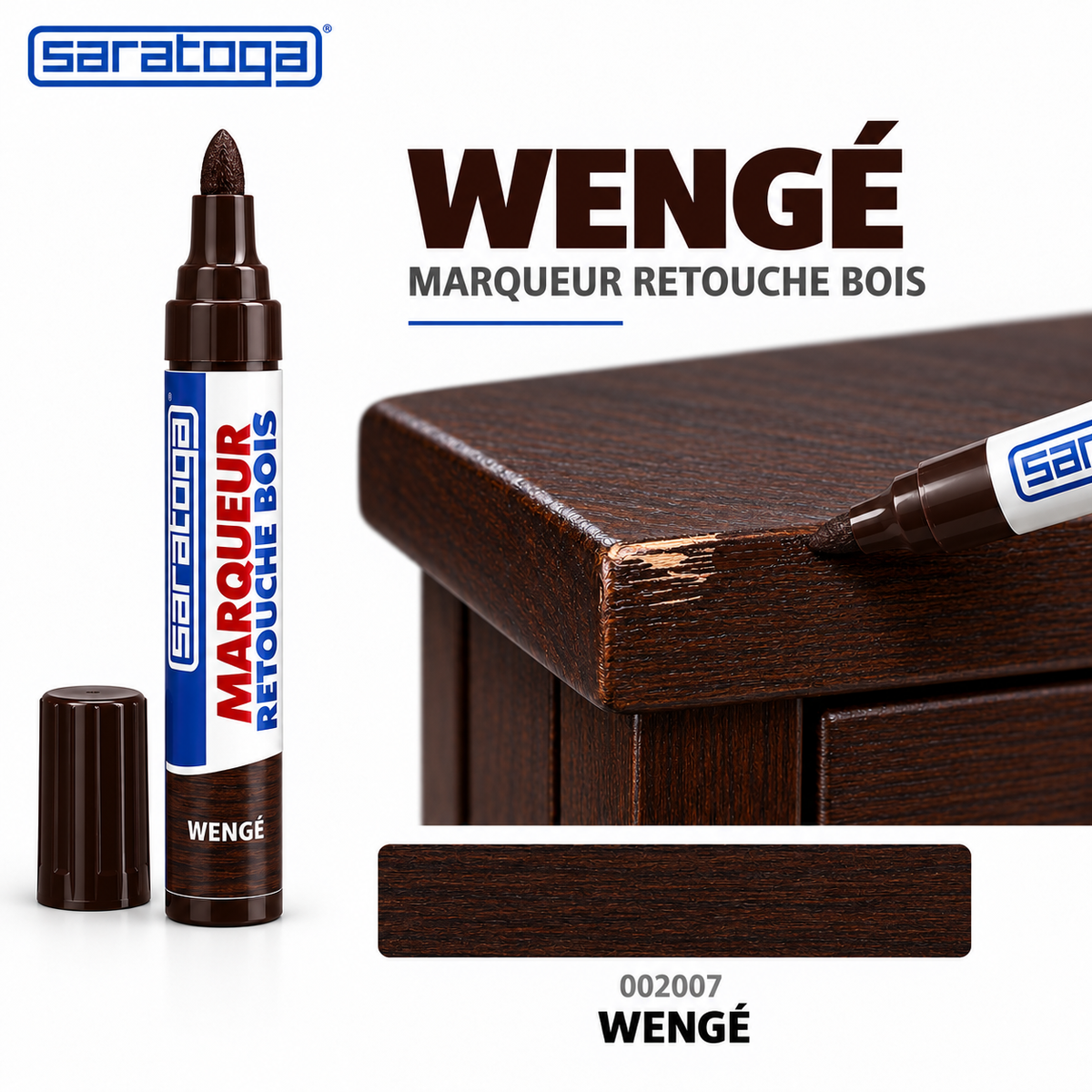 Marqueur retouche bois SARATOGA Wengé réf. 002007, réparation de rayures sur bois wengé — visuel illustratif
