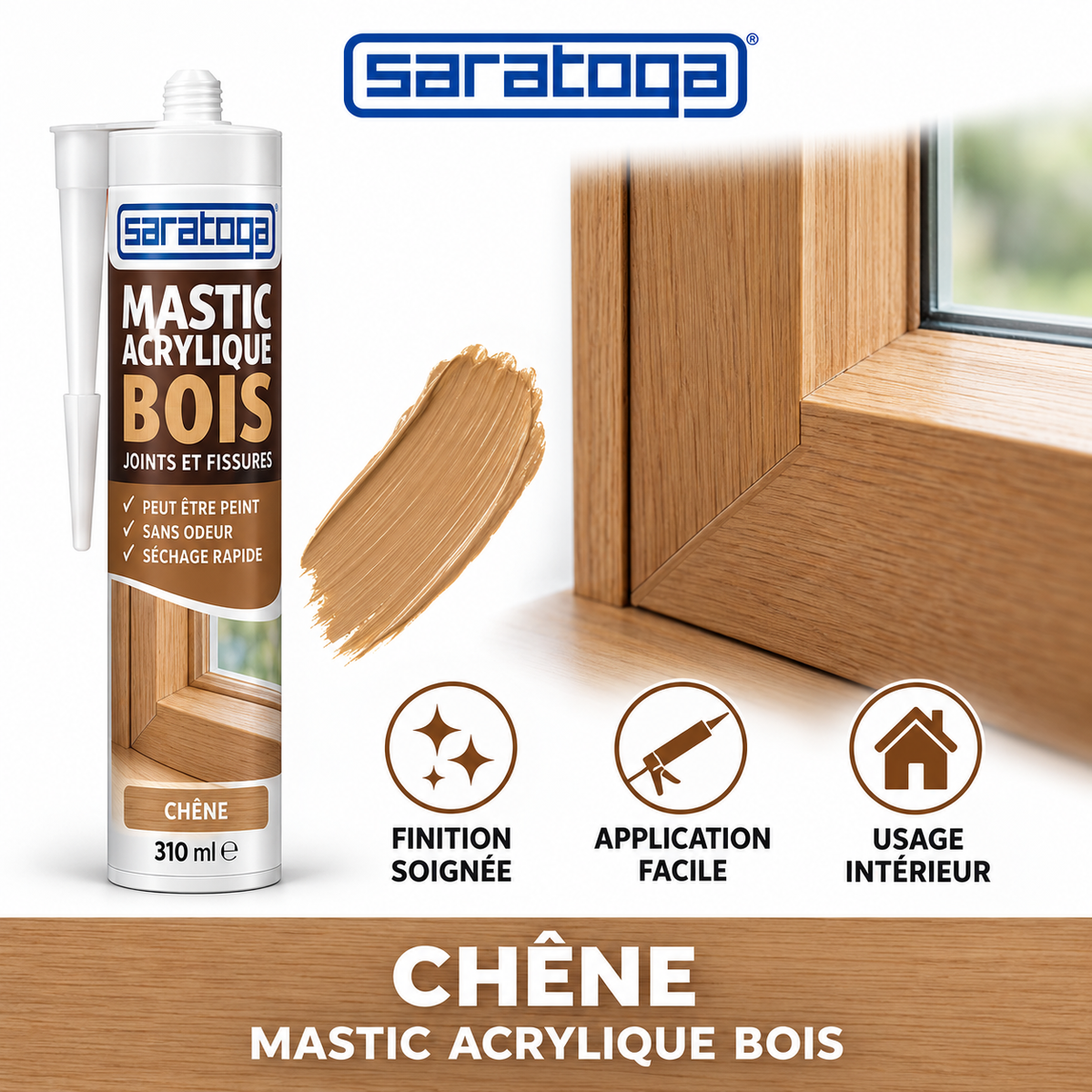 Mastic acrylique bois SARATOGA Chêne 310 ml référence 272.001, joint sur cadre de fenêtre en bois — visuel illustratif