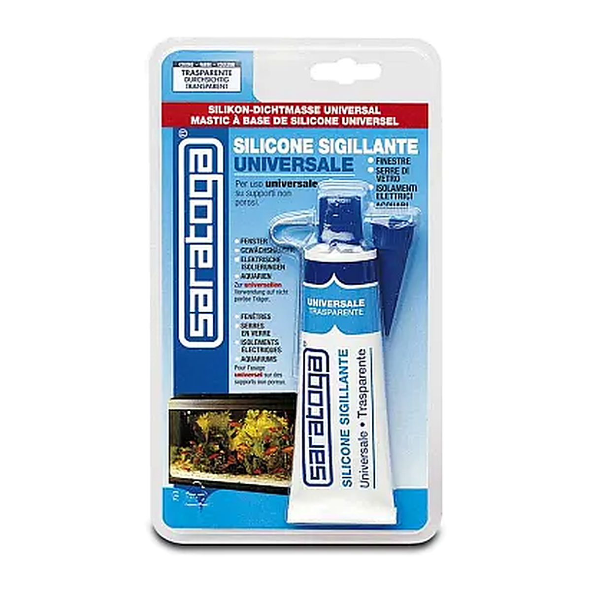Silicone SARATOGA Sigillante Universale transparent en tube sous blister, photo de l’emballage