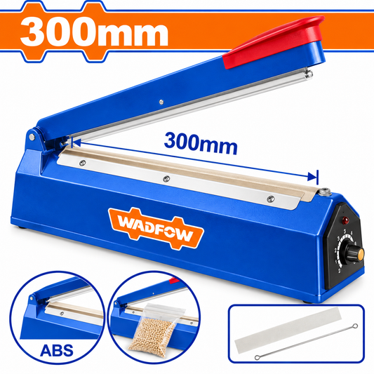 Scelleuse à impulsion WADFOW WXY2003 pour fermeture de sachets thermosoudables compatibles, longueur utile de soudure 300 mm, 8 réglages de chauffe, ABS et boîtier aluminium | SQES Tunisie
